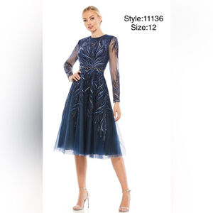 Embellished tea length illusion cocktail dress